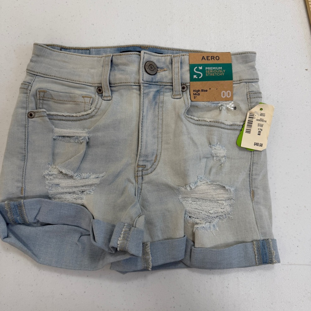 Aeropostale High Rise Midi Denim Shorts Light Wash Distressed Cuffed 00 5725